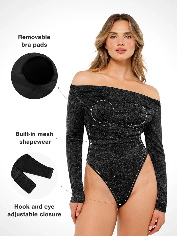 Shapewear features of Popilush® Metallic Knit Bodysuit: removable bra pads and adjustable closure.