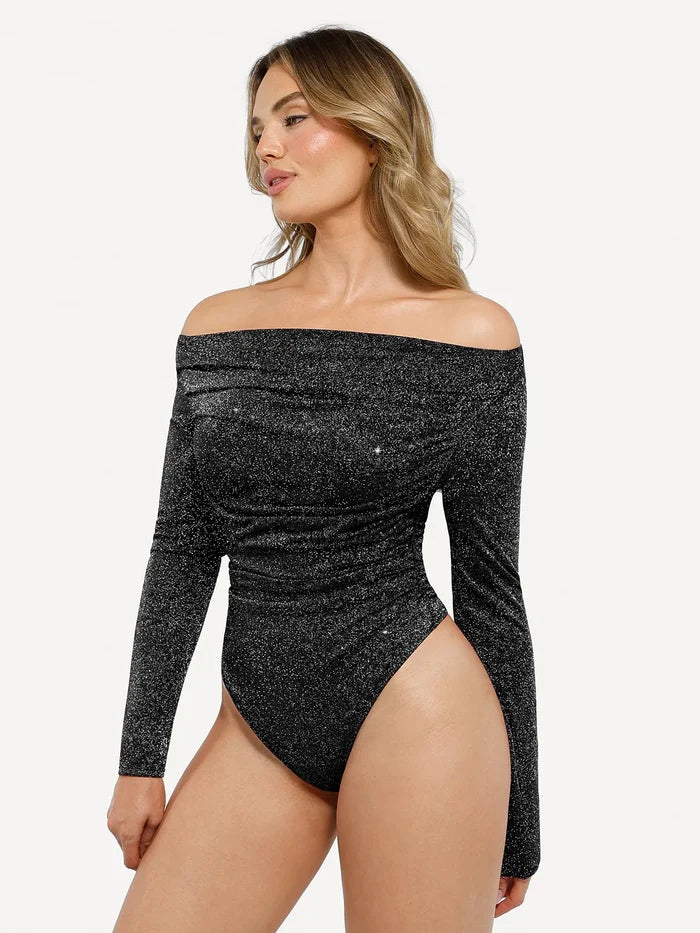 Popilush® Off Shoulder Shine Tops Body Shaper Winter Shapewear Metallic Knit Long Sleeve Slimming Bodysuit