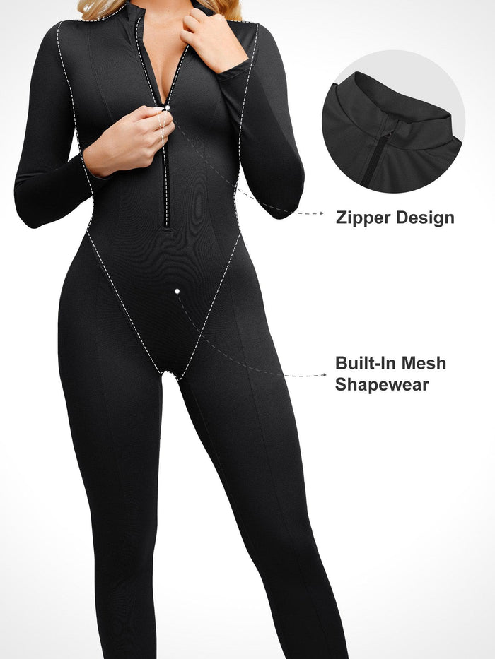 Black long sleeve zip front sculpting shapewear jumpsuit with mock neck and shaping mesh.