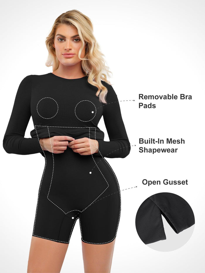 Black modal long sleeve midi dress with built-in shapewear, removable pads, and open gusset.