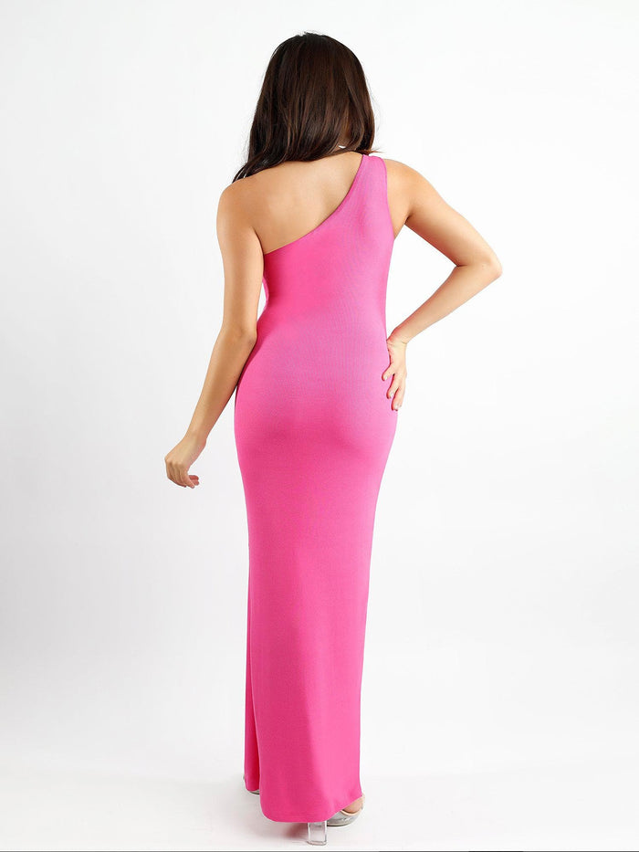 Sleek pink one-shoulder maxi dress from Popilush®, perfect for special occasions.