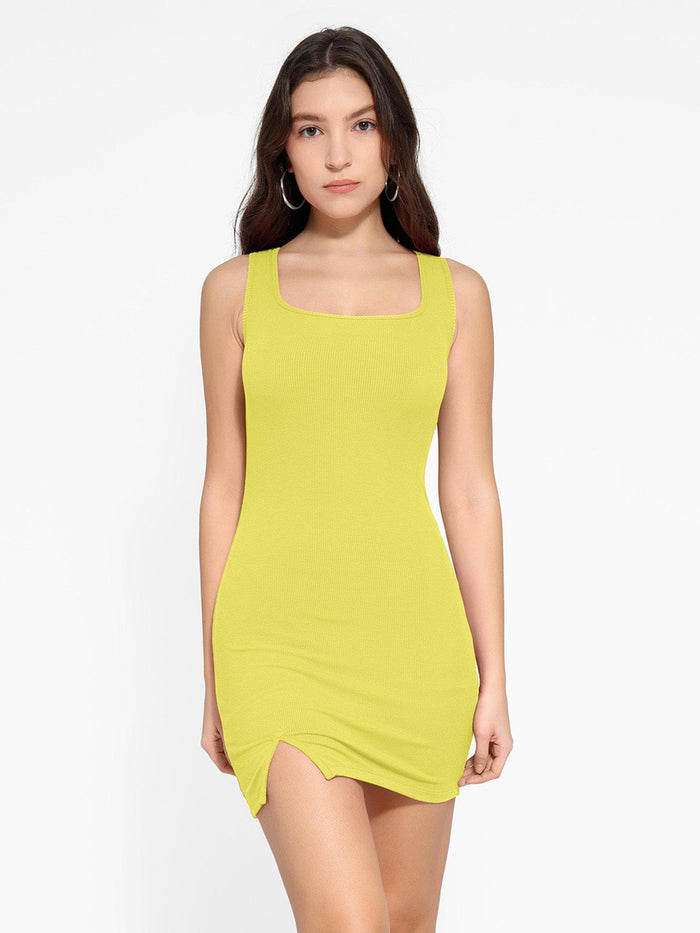 Popilush® shapewear mini dress with side slit. Comfortable modal fabric, tummy slimming, leg curve sculpting.