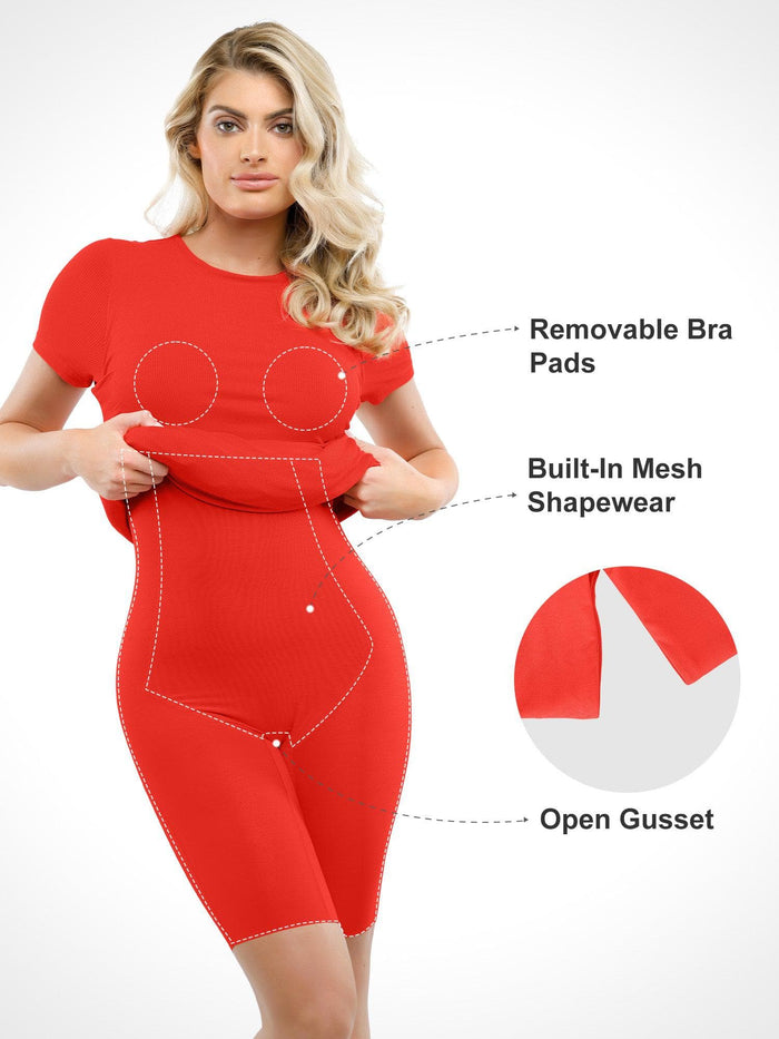 Popilush® red dress features: built-in shapewear, removable pads and open gusset for comfort.