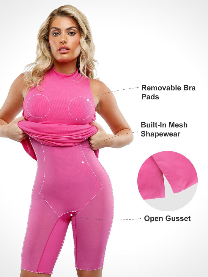 Mock neck dress with Popilush® built-in shapewear. Features removable bra pads and smoothing mesh.