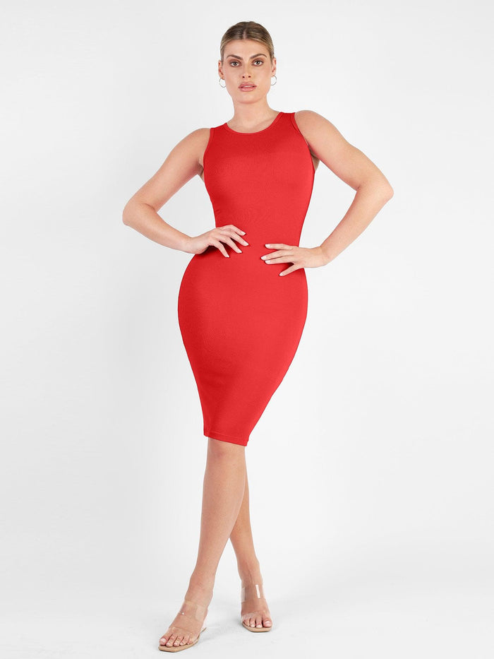 Shapewear red midi dress by Popilush®, showing comfortable design for women.