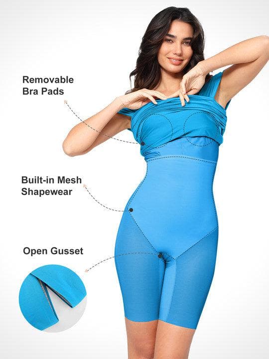 Blue shapewear bodysuit by Popilush®, featuring mesh and support