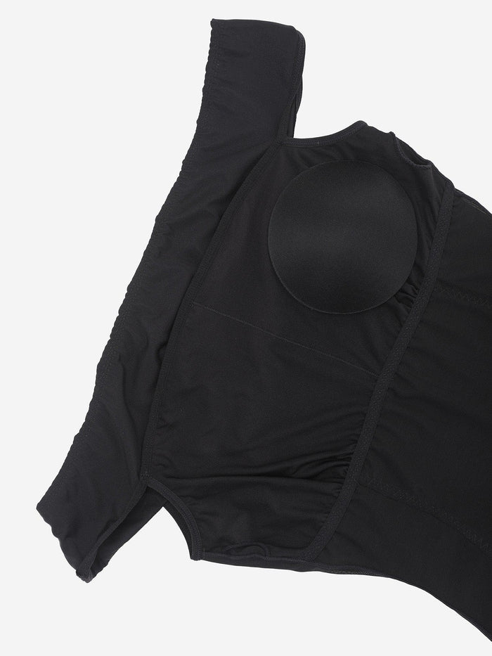 Black off-shoulder shapewear mini dress with built-in padded cups.