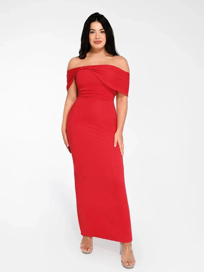 Off-the-shoulder red maxi dress from Popilush® shapewear collection, perfect fit