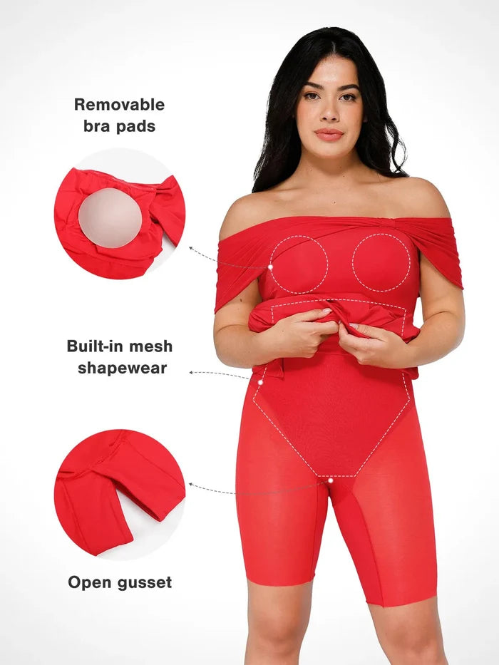 Red shapewear dress details, Popilush® design features