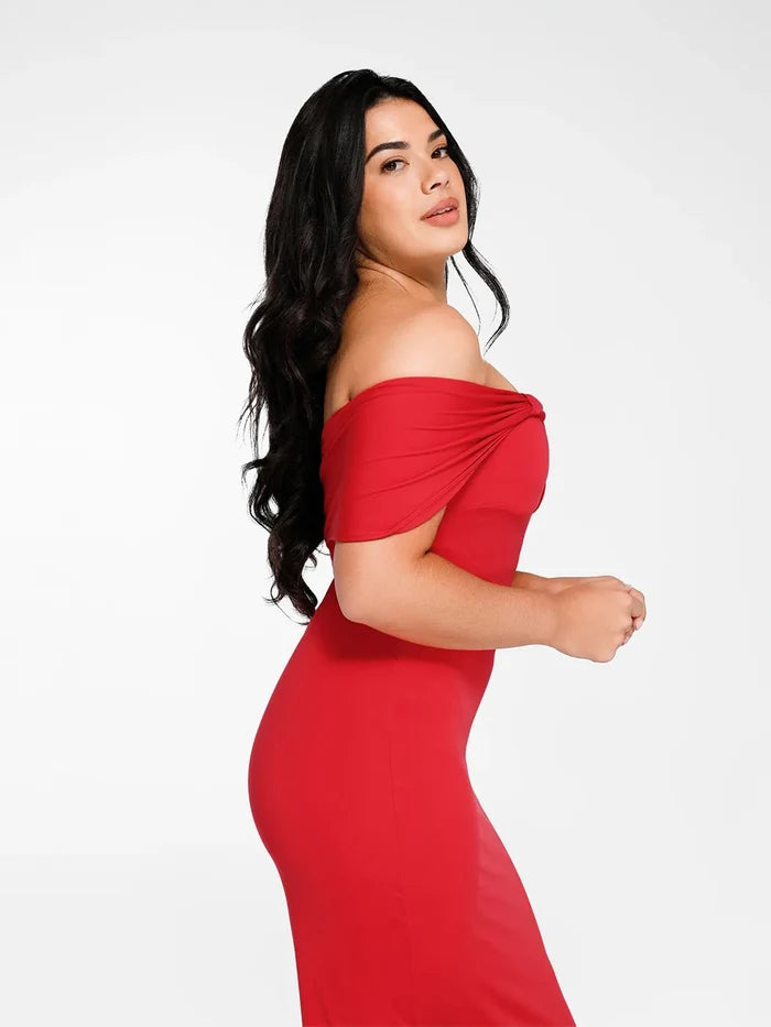 Popilush® red dress, off-the-shoulder column maxi dress, sculpting shapewear.