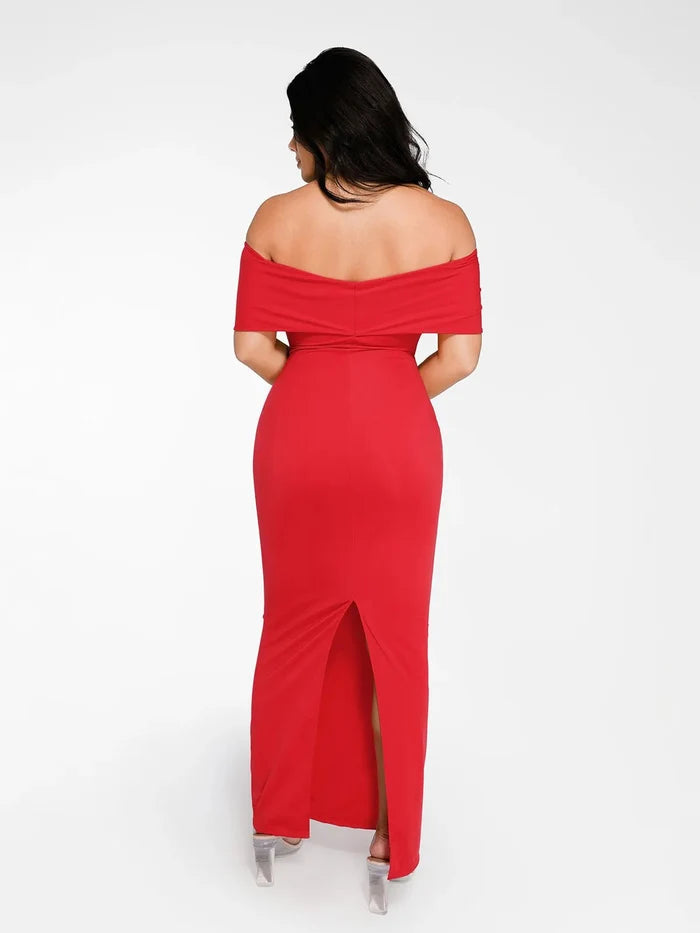 Popilush®: Red off-shoulder maxi dress; built-in shapewear column gown; elegant back view; fashion for women