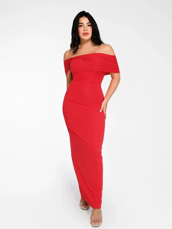Popilush® red maxi dress, off-shoulder with bow detail and slim fit.