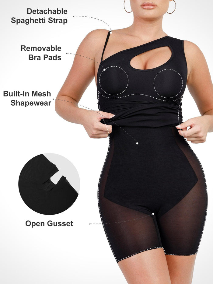 Popilush® one-shoulder shapewear dress showing mesh details, cutout, and built-in support