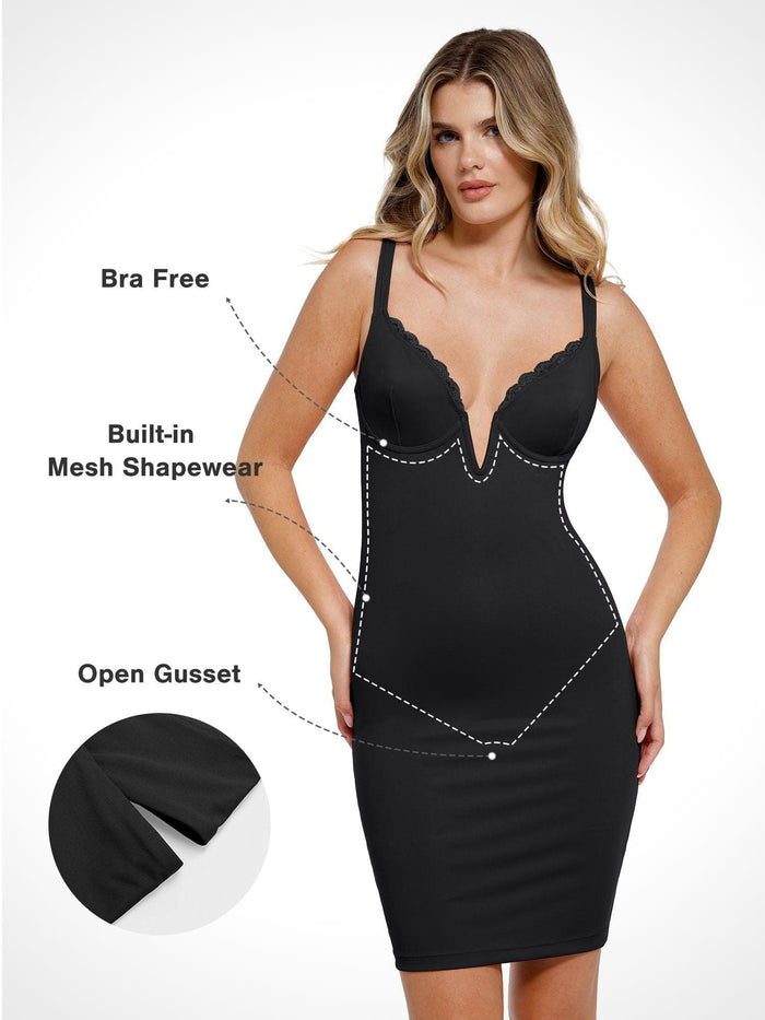 Black plunge V shapewear mini dress with lace trim, built-in mesh shaping, and open gusset.