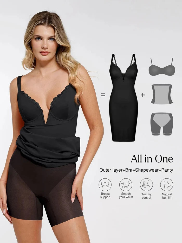 Black plunging V lace trim bodycon shapewear dress; 'All in One' bra, shapewear, panty infographic.