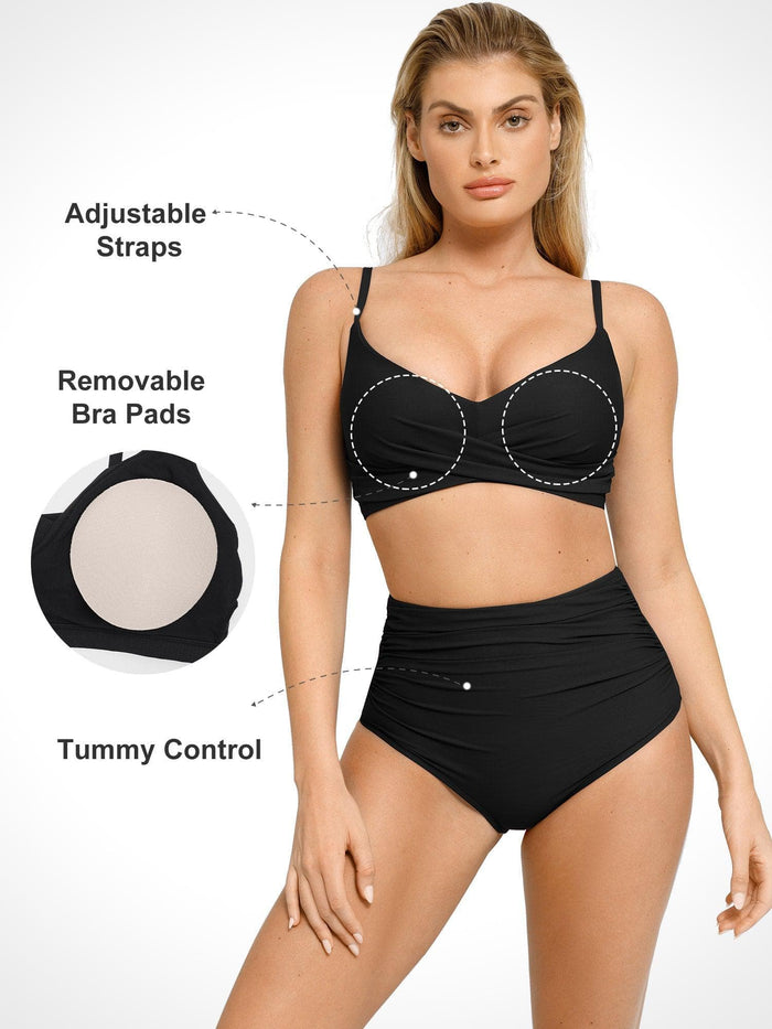 High-waisted bikini bottom by Popilush®, adjustable straps, removable bra pads, tummy control