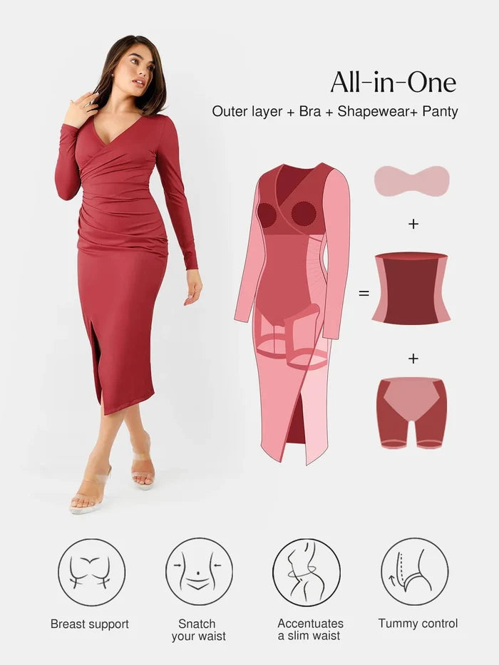 Popilush® Built-in Shapewear Midi Dress - All-in-One Design