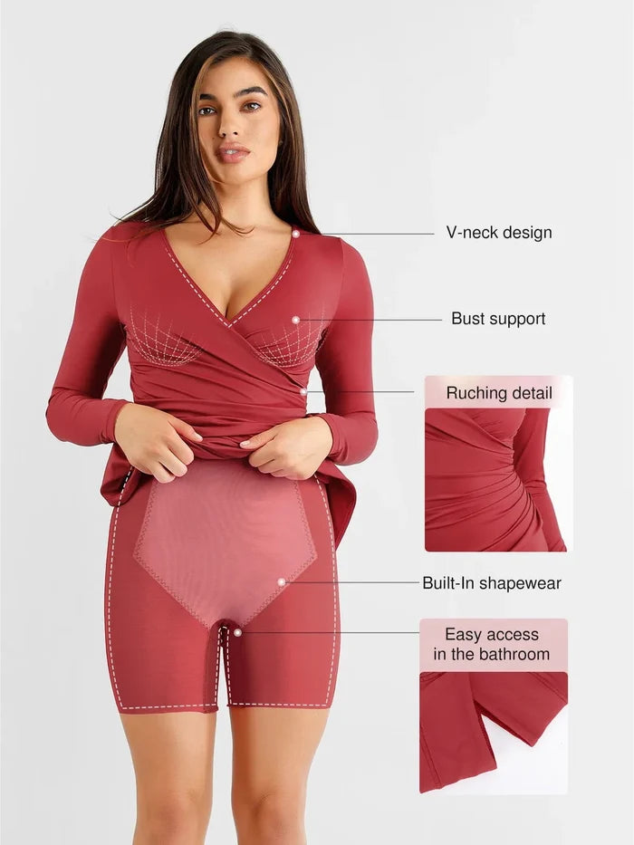 Red long sleeve faux wrap ruched midi dress with V-neck, bust support & built-in slimming shapewear.
