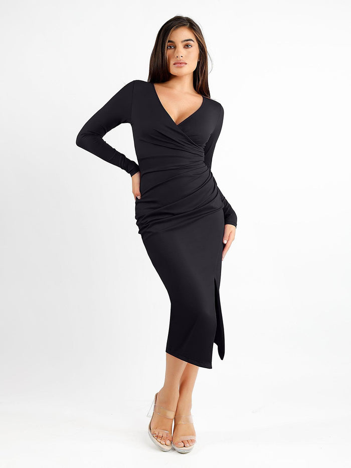 Shapewear ruched long sleeve faux wrap midi dress in black with V-neck and side split.