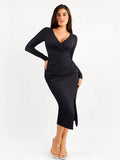 Black long sleeve ruched faux wrap slimming midi dress with V-neck and slit