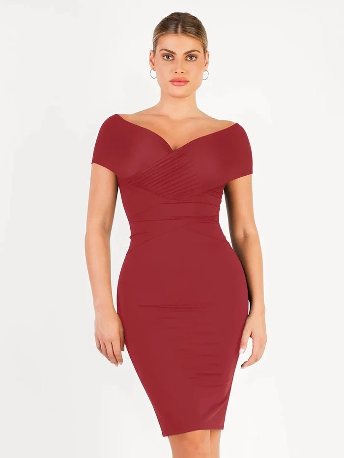 Popilush® Formal Bodycon Party Summer Dress Red / S Shapewear Ruched Off-Shoulder Sculpting Midi Dress