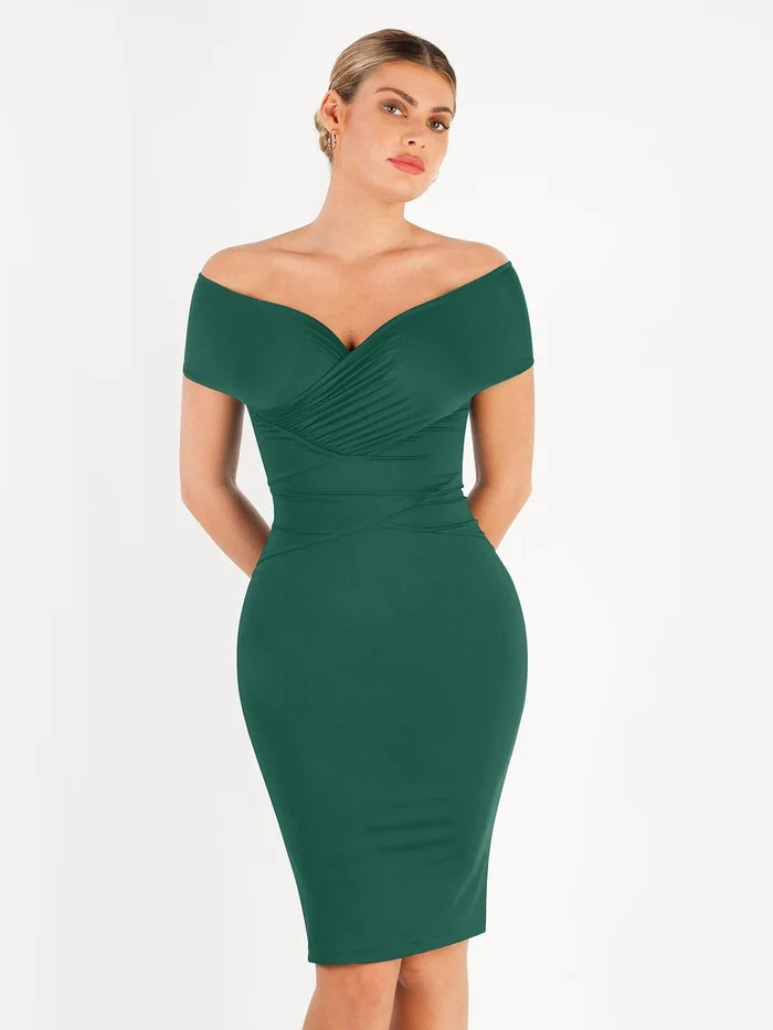 Popilush® Formal Bodycon Party Summer Dress Shapewear Ruched Off-Shoulder Sculpting Midi Dress