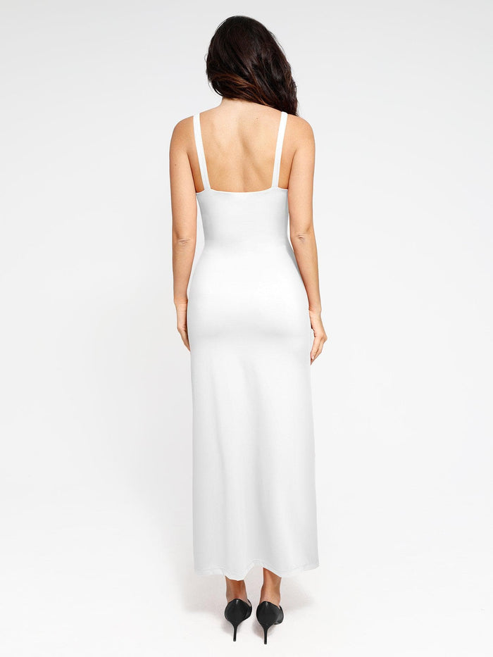 Back view of Popilush®'s white maxi dress, perfect for shapewear.