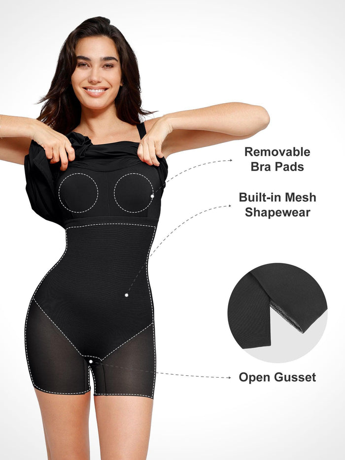 Popilush® shapewear bodysuit, featuring built-in mesh support, removable bra pads, and open gusset design.