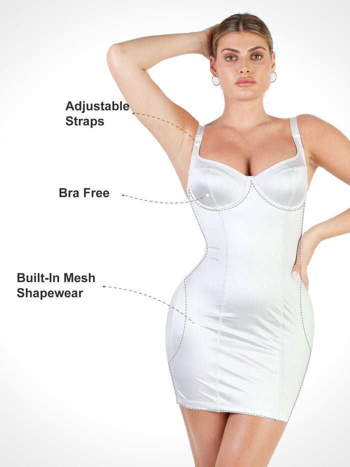 Popilush® white satin mini dress featuring built-in shapewear, adjustable straps.