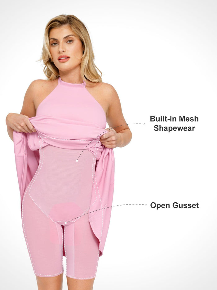 Pink halter dress with Built-in Shapewear, showing open gusset, Popilush®