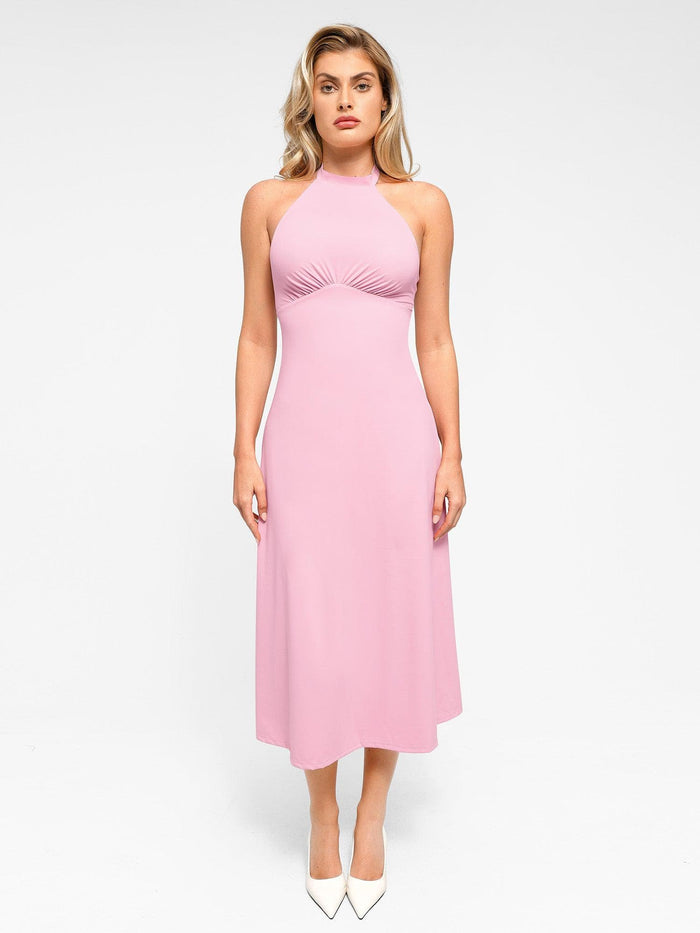 Popilush®: Pink Halter Midi Dress, Shapewear. Perfect for any event!