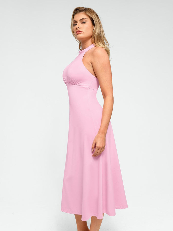 Elegant pink midi dress with halter neckline by Popilush®. Shapewear style.