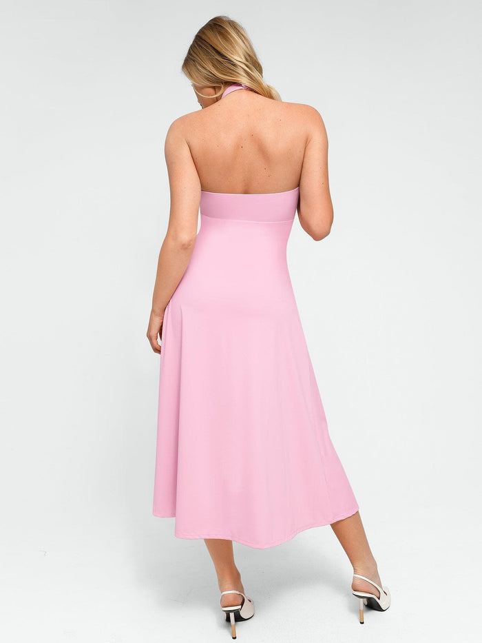 Popilush® pink A-line halter midi dress, elegant for any events.