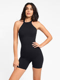 Black Popilush® romper; Shapewear sculpting halter design; comfortable and stylish.