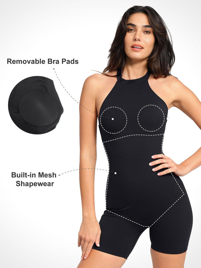 Black Popilush® romper showing mesh shapewear and removable bra pads.