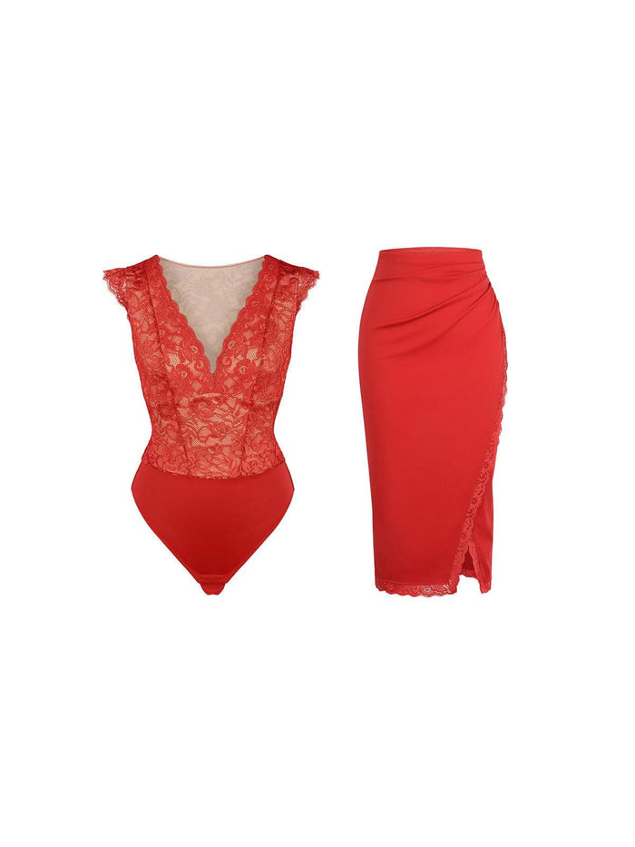 Popilush® Sexy Tops Body Shaper Shapewear Sculpting Lace Bodysuit or Midi Skirt or Shrug