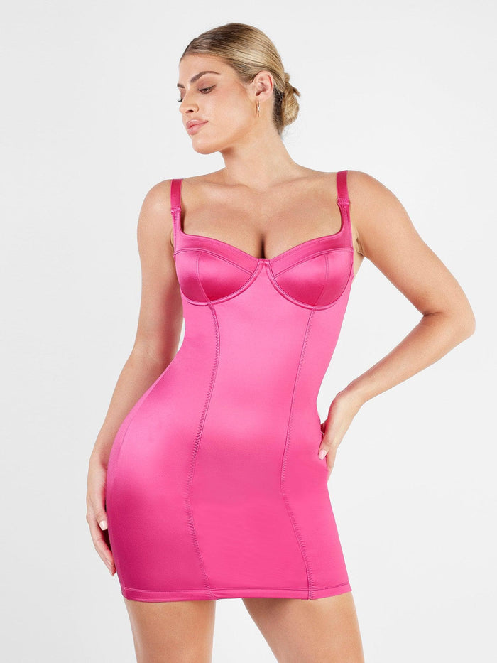 Popilush sculpting metallic pink satin bustier mini dress with tummy control.