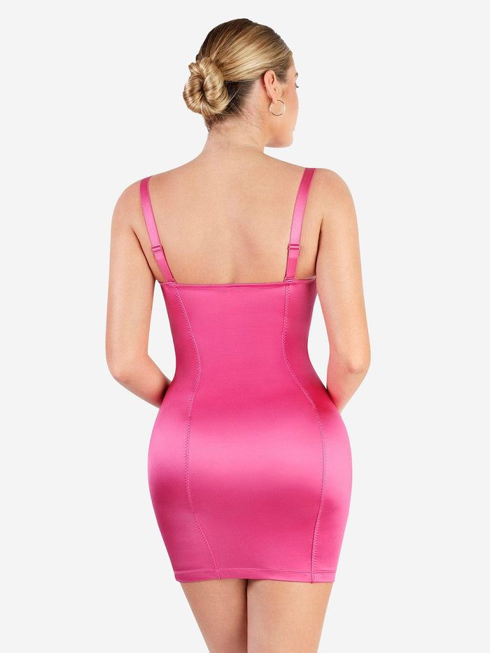 Pink metallic satin bustier mini dress showing back view and sculpting fit.