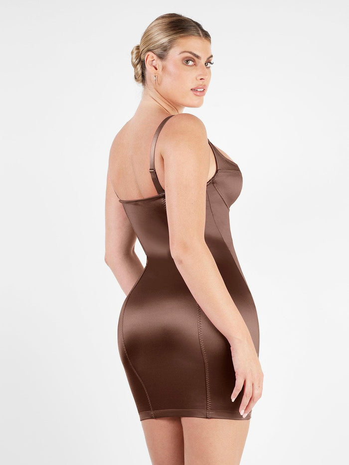 Popilush® shapewear mini dress in brown, elegant satin, contoured fit