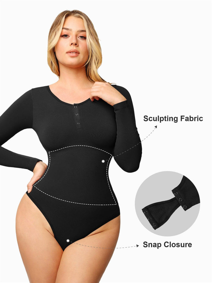 Seamless bodysuit with Popilush® design, showing sculpting fabric and snap closure for easy use.