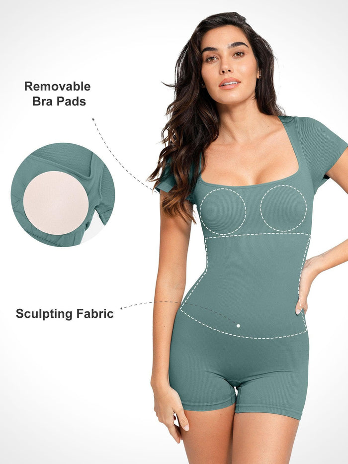 Popilush® Seamless rib romper with shaping features, including removable bra pads.