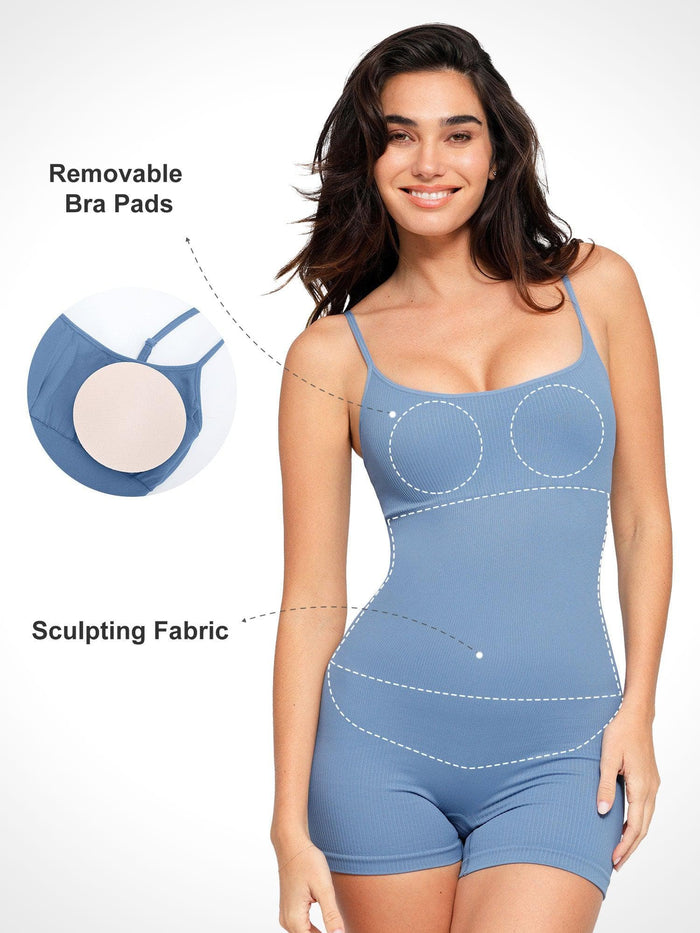 Seamless rib strappy romper with sculpting fabric by Popilush®, featuring removable bra pads.