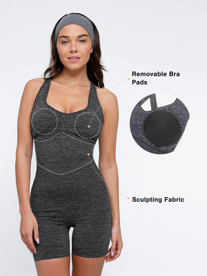 Popilush® shapewear romper features sculpting fabric and removable bra pads for versatile wear.