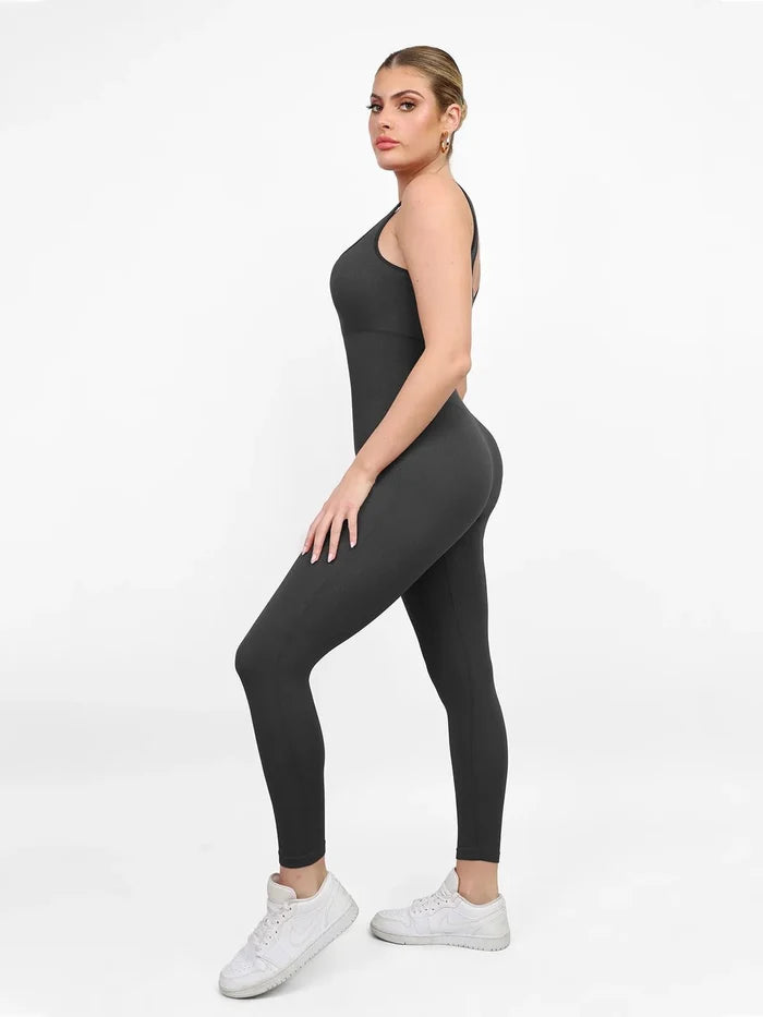 Seamless ribbed square neck butt lift workout jumpsuit by Popilush, charcoal color.