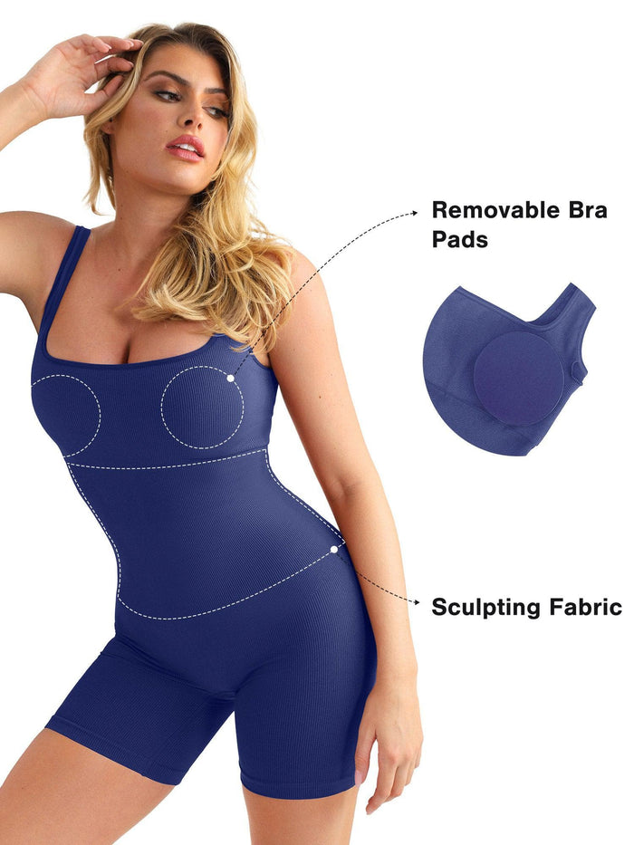 Popilush® sport romper, showing removable bra pads and sculpting fabric