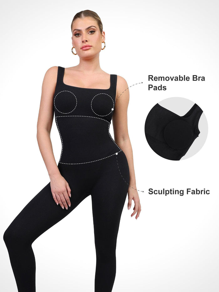 Black jumpsuit by Popilush®, with removable bra pads and sculpting fabric detail, activewear.