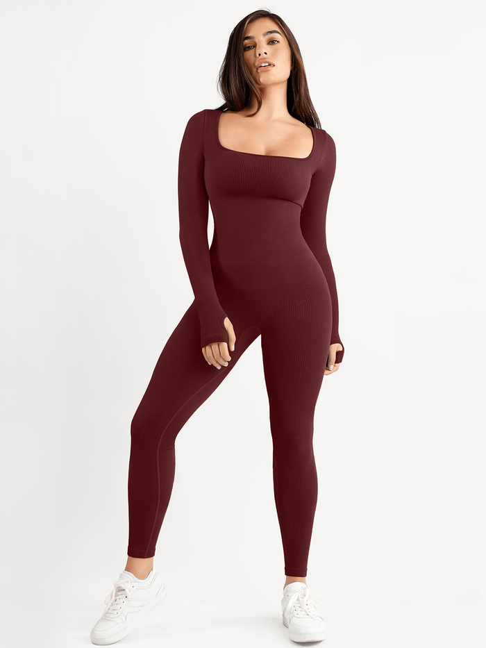 Popilush maroon seamless shapewear jumpsuit with square neck & thumb holes.