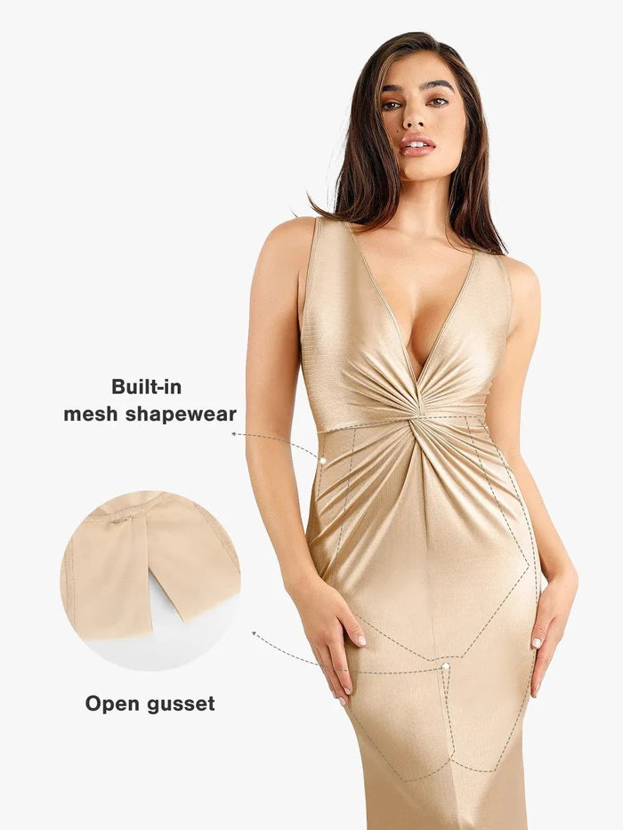 Gold Popilush® maxi dress: Built-in shapewear, open gusset details.