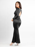 Popilush hourglass maxi dress: black, long sleeve, shine, built-in shapewear, cut-out back