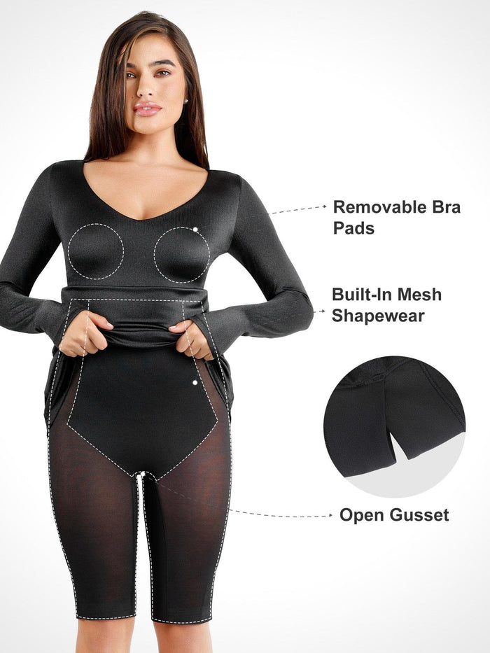 Black long sleeve maxi dress with built-in shapewear, removable bra pads, and open gusset.